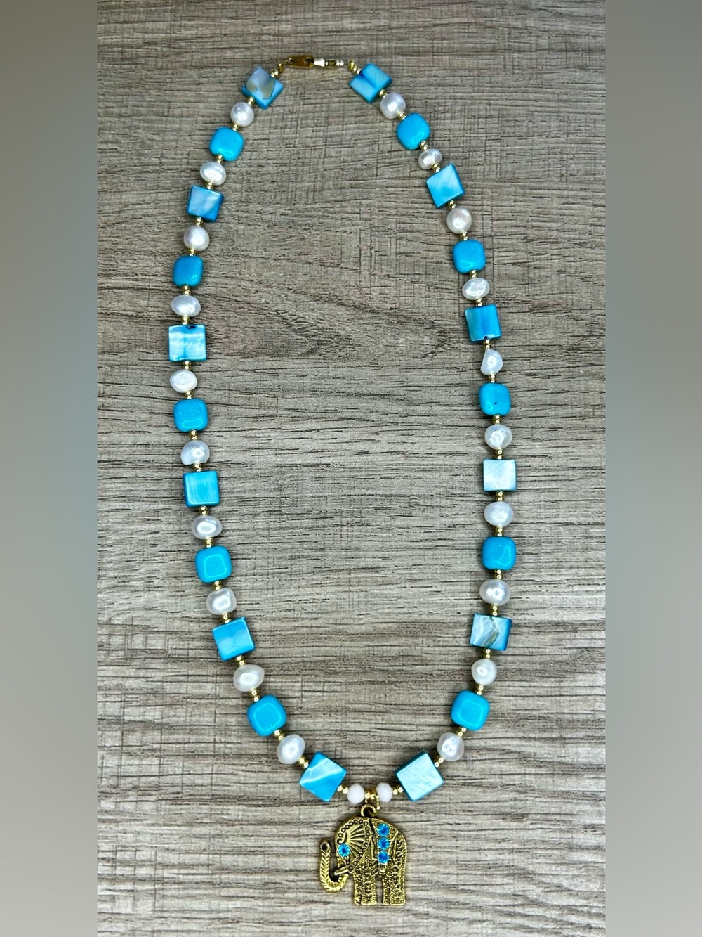 Turquoise, Freshwater Pearl & Mother of Pearl Elephant Pendant Necklace handmade